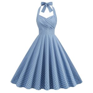 Historical & Vintage Costumes |   Retro Vintage 1950s Rockabilly A-Line Dress Swing Dress Halter Flare Dress Women’s Polka Dot Masquerade Casual Daily Dress Blue Cosplay & Costumes Blue