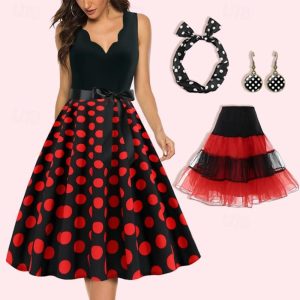 Historical & Vintage Costumes |   Retro Vintage 1950s Rockabilly Petticoat Hoop Skirt A-Line Dress Tutu Flare Dress Christmas Party Dress Women’s Polka Dot Party / Evening Masquerade Dress Black Cosplay & Costumes Black