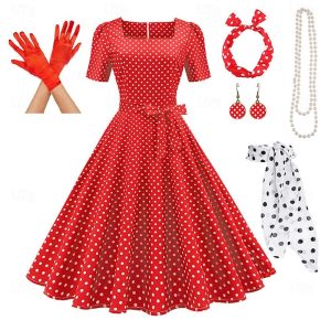 Historical & Vintage Costumes |   Retro Vintage 1950s Rockabilly Petticoat Hoop Skirt A-Line Dress Tutu Flare Dress Christmas Party Dress Women’s Polka Dot Party / Evening Masquerade Dress Red & White Cosplay & Costumes Historical & Vintage Costumes