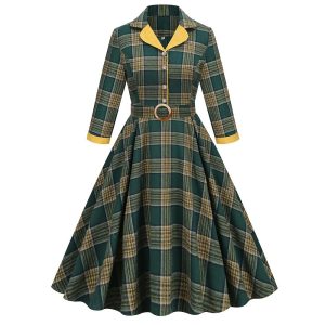 Historical & Vintage Costumes |   Retro Vintage 1950s Vacation Dress Flare Dress Women’s Costume Vintage Cosplay Daily Wear Long Sleeve Dress Carnival Green Cosplay & Costumes Green