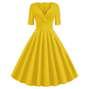 Historical & Vintage Costumes |   Retro Vintage 1950s Vintage Dress Cocktail Dress Swing Dress Flare Dress Women’s Masquerade Party / Evening Dress Yellow Cosplay & Costumes Historical & Vintage Costumes