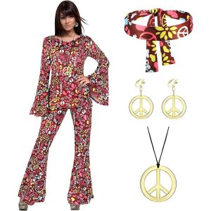 Historical & Vintage Costumes |   Retro Vintage 1960s Hippie 1970s Headband Bell Bottom Pants 70s Fancy Dress Women 70s Outfits Abba Costume Hippie Women’s Retro Vintage Halloween Party / Evening Masquerade Music Festival Shirt Red & White Cosplay & Costumes Historical & Vintage Costumes