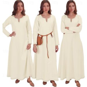 Historical & Vintage Costumes |   Retro Vintage Medieval Renaissance Chemise Tunic Dress Ankle Length Viking Women’s Sheath / Column V Neck Halloween LARP Ren Faire Dress Beige Cosplay & Costumes Beige