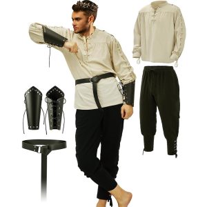 Historical & Vintage Costumes |   Retro Vintage Medieval Renaissance Pants Outfits Waist Belt Shirt Arm Guards Pirate Viking Ranger Elven Men’s Halloween Carnival Performance Masquerade Shirt Beige Cosplay & Costumes Beige