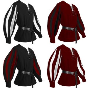 Historical & Vintage Costumes |   Retro Vintage Punk & Gothic Medieval 17th Century Blouse / Shirt Masquerade Tunic Landsknecht Knight Ritter Viking Crusader Outlander Men’s Flounced Color Block Carnival Performance Party Masquerade Black | White Cosplay & Costumes Black / White