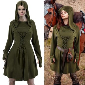 Historical & Vintage Costumes |   Retro Vintage Punk & Gothic Medieval Steampunk Dress Viking Ranger Elven Women’s Archery Halloween Party Casual Daily Dress Army Green Cosplay & Costumes Army Green