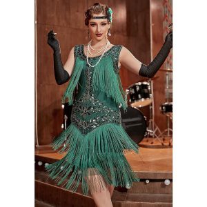 Historical & Vintage Costumes |   Retro Vintage Roaring 20s 1920s Flapper Dress Dress Christmas Party Dress The Great Gatsby Women’s Sequins Tassel Fringe Carnival Wedding Wedding Guest Party / Evening Dress Green Cosplay & Costumes Green