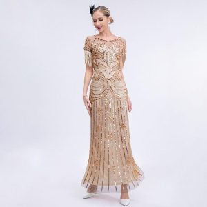 Historical & Vintage Costumes |   Retro Vintage Roaring 20s 1920s Flapper Dress Dress Christmas Party Dress The Great Gatsby Women’s Sequins Tassel Fringe Masquerade Wedding Wedding Guest Party / Evening Dress Apricot Cosplay & Costumes Apricot