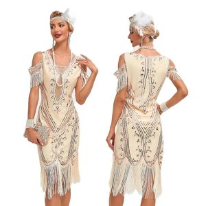 Historical & Vintage Costumes |   Retro Vintage Roaring 20s 1920s Flapper Dress Dress Masquerade The Great Gatsby Women’s Sequins Tassel Fringe Masquerade Wedding Wedding Guest Party / Evening Dress Almond Cosplay & Costumes Almond