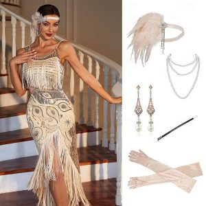 Historical & Vintage Costumes |   Retro Vintage Roaring 20s 1920s Flapper Dress Dress Masquerade The Great Gatsby Women’s Sequins Tassel Fringe Masquerade Wedding Wedding Guest Party / Evening Dress Almond Cosplay & Costumes Almond