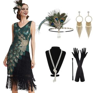 Historical & Vintage Costumes |   Retro Vintage Roaring 20s 1920s Flapper Dress Dress Outfits Cocktail Dress Flapper Headband Necklace / Earrings The Great Gatsby Women’s Sequins Tassel Fringe Party / Evening Masquerade Dress Green Cosplay & Costumes Green