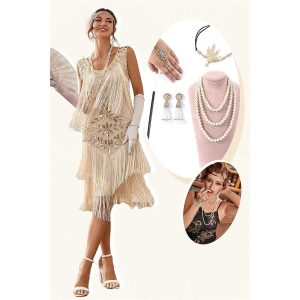 Historical & Vintage Costumes |   Retro Vintage Roaring 20s 1920s Flapper Dress Dress Outfits Flapper Headband The Great Gatsby Women’s Sequins Tassel Fringe Christmas Halloween Party / Evening Dress Champagne Cosplay & Costumes Champagne