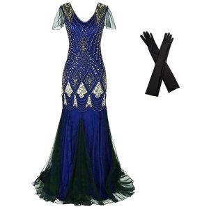 Historical & Vintage Costumes |   Retro Vintage Roaring 20s 1920s Flapper Dress Outfits Accessories Set The Great Gatsby Women’s Sequins Sequin V Neck Halloween Carnival Party / Evening Party / Cocktail Dress Blue Cosplay & Costumes Blue