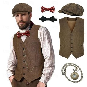 Historical & Vintage Costumes |   Retro Vintage Roaring 20s 1920s Outfits Waistcoat Gentleman Gangster Men’s Halloween Carnival Party / Evening Masquerade Cravat Coffee Cosplay & Costumes Coffee