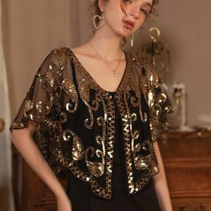 Historical & Vintage Costumes |   Retro Vintage Roaring 20s 1920s Shawls Christmas Party Dress The Great Gatsby Women’s Sequins Wedding Wedding Guest Party Evening Shawl Black Cosplay & Costumes Black