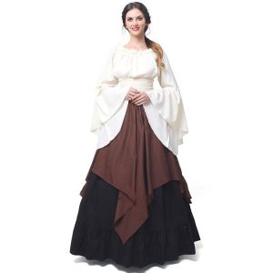 Historical & Vintage Costumes |   Retro Vintage Victorian Medieval Renaissance Peasant Dress Dress Chemise OverDress Lady Viking Irish Elven Women’s Masquerade Casual Daily Renaissance Fair Dress Brown Cosplay & Costumes Brown