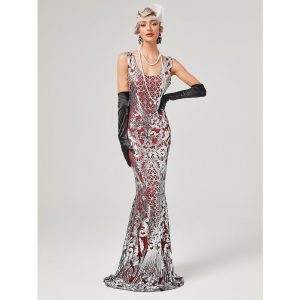 Historical & Vintage Costumes |   Roaring 20s 1920s Cocktail Dress Vintage Dress Flapper Dress Dress Masquerade Prom Dress Christmas Party Dress The Great Gatsby Charleston Women’s Sequins Halloween Carnival Wedding Wedding Guest Red & White Cosplay & Costumes Historical & Vintage Costumes