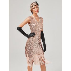 Historical & Vintage Costumes |   Roaring 20s 1920s Cocktail Dress Vintage Dress Flapper Dress Dress Masquerade Prom Dress Christmas Party Dress The Great Gatsby Charleston Women’s Sequins Tassel Fringe Halloween Carnival Wedding Pink Cosplay & Costumes Historical & Vintage Costumes