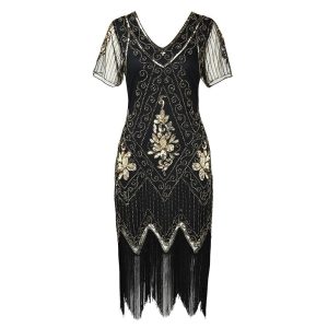 Historical & Vintage Costumes |   Roaring 20s 1920s Cocktail Dress Vintage Dress Flapper Dress Dress Masquerade Prom Dress Plus Size The Great Gatsby Charleston Women’s Sequins Halloween Carnival Wedding Wedding Guest Dress Black Golden Cosplay & Costumes Black Golden