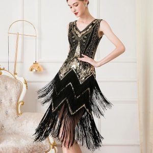 Historical & Vintage Costumes |   Roaring 20s 1920s Cocktail Dress Vintage Dress Flapper Dress Dress Prom Dress Christmas Party Dress The Great Gatsby Charleston Women’s Sequins Tassel Fringe Sequin Tassel Wedding Wedding Guest Event Black Golden Cosplay & Costumes Black Golden