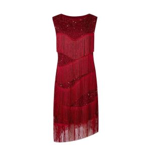 Historical & Vintage Costumes |   Roaring 20s 1920s Cocktail Dress Vintage Dress Flapper Dress Dress The Great Gatsby Women’s Sequins Tassel Fringe Halloween Wedding Wedding Guest Event / Party Dress Red & White Cosplay & Costumes Historical & Vintage Costumes