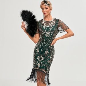 Historical & Vintage Costumes |   Roaring 20s 1920s Vacation Dress Cocktail Dress Flapper Dress Dress Masquerade Christmas Party Dress The Great Gatsby Charleston Gentlewoman Women’s Sequins Tassel Fringe New Year Wedding Party Green Cosplay & Costumes Green