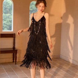 Historical & Vintage Costumes |   Roaring 20s 1920s Vintage Dress Flapper Dress Dress Cocktail Dress The Great Gatsby Women’s Sequins Wedding Party Wedding Guest Dress Black Cosplay & Costumes Black