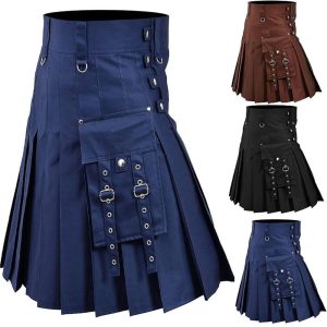 Historical & Vintage Costumes |   Scottish Utility Kilts for Men Linen Pleated Kilt Retro Vintage Medieval Punk Gothic Steampunk Blue Cosplay & Costumes Blue