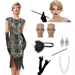 Historical & Vintage Costumes |   Set with Flapper Dress Finger Wave Wig Headband Gloves Necklace Earrings Cigarette Holder Wig Caps Women’s Roaring 20s 1920s Cocktail Masquerade Outfits Gatsby Christmas Attire Party Dress Emerald Green Cosplay & Costumes Emerald Green