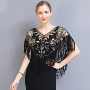 Historical & Vintage Costumes |   Vintage Roaring 20s 1920s Cloak Party Costume Masquerade Halloween Costumes Prom Dresses The Great Gatsby Women’s Sequins Tassel Fringe Sequin Tassel Christmas Wedding Party Wedding Guest Adults’ Black Golden Cosplay & Costumes Black Golden