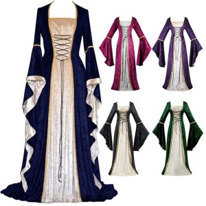 Historical & Vintage Costumes |   Vintage Vintage Inspired Medieval Dress Long Length Viking Elven Women’s Solid Colored U Neck Halloween Halloween Dress Blue Cosplay & Costumes Blue