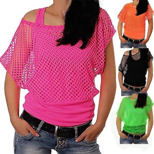 Historical & Vintage Costumes |   Women Casual Sexy 80s Costumes Fishnet Neon Off Shoulder T-Shirt with Tank Top 1980s Retro Vintage Halloween Carnival Party Casual Daily 2 PCS Pink Cosplay & Costumes Historical & Vintage Costumes