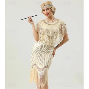 Historical & Vintage Costumes |   Women’s 1920s Flapper Dress with Matching Shawl Roaring 20s Flapper Girl Retro Vintage Midi Cocktail Dress Gatsby Charleston Costume Sequins Tassel Fringe Dress for Halloween Party Masquerade Prom Champagne Cosplay & Costumes Champagne