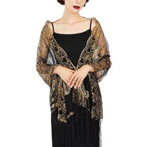 Historical & Vintage Costumes |   Women’s 1920s Long Shawl Wraps Sequin Flapper Evening Shawls Roaring 20s 1920s Shawls The Great Gatsby Women’s Party Evening Wedding Formal Harle Black+Gold Cosplay & Costumes Black+Gold