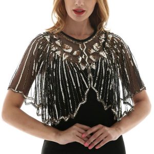 Historical & Vintage Costumes |   Women’s 1920s Shawl Wraps Beaded Sequin Gatsby Cape Evening Bolero Flapper Cover Up Roaring 20s The Great Gatsby Party Evening Golden Black Cosplay & Costumes Golden Black