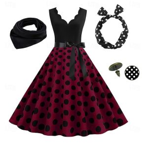 Historical & Vintage Costumes |   Women’s A-Line Rockabilly Dress Polka Dots Swing Dress Flare Dress with Accessories Set 1950s 60s Retro Vintage with Headband Scarf EarringsFor Vintage Swing Party Dress Burgundy Cosplay & Costumes Burgundy