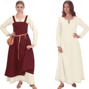 Historical & Vintage Costumes |   Women’s Medieval Viking Apron Overdress with Laced Back Tunic Dress Set 2 PCS Outfits for LARP Ren Faire Renaissance Fair Party Carnival Halloween Dress Red Cosplay & Costumes Historical & Vintage Costumes