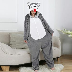 Kigurumi Pajamas |   Adults’ Kigurumi Pajamas Husky Animal Onesie Pajamas Flannelette Cosplay For Men and Women Halloween Animal Sleepwear Cartoon Gray Cosplay & Costumes Gray