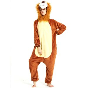 Kigurumi Pajamas |   Adults’ Kigurumi Pajamas Lion Patchwork Onesie Pajamas Flannel Fabric Cosplay For Men and Women Halloween Animal Sleepwear Cartoon Brown Cosplay & Costumes Brown