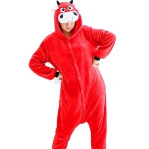 Kigurumi Pajamas |   Adults’ Kigurumi Pajamas Milk Cow Animal Onesie Pajamas Funny Costume Flannelette Cosplay For Men and Women Halloween Animal Sleepwear Cartoon Red Cosplay & Costumes Kigurumi Pajamas