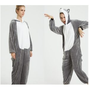 Kigurumi Pajamas |   Adults’ Kigurumi Pajamas Nightwear Cartoon Character Onesie Pajamas Flannel Cosplay For Men and Women Carnival Animal Sleepwear Cartoon White+Gray Cosplay & Costumes Kigurumi Pajamas