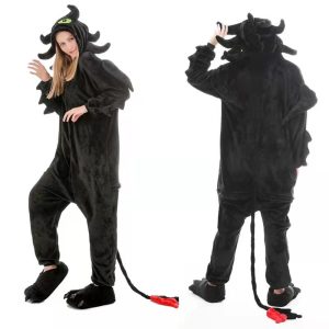 Kigurumi Pajamas |   Adults’ Kigurumi Pajamas Nightwear Dragon Animal Onesie Pajamas Funny Costume Flannel Cosplay For Men and Women Christmas Animal Sleepwear Cartoon Black Cosplay & Costumes Black