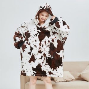 Kigurumi Pajamas |   Adults’ Oversized Hoodie Blanket Wearable Blanket With Pocket Milk Cow Spot Onesie Pajamas Flannel Fabric Cosplay For Men and Women Christmas Animal Sleepwear Cartoon White Cosplay & Costumes Kigurumi Pajamas