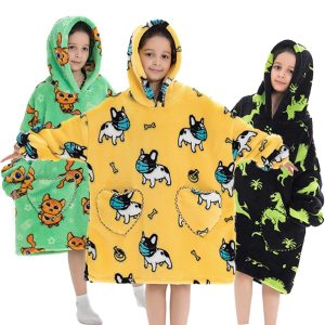 Kigurumi Pajamas |   Kid’s Adults’ Oversized Hoodie Blanket Wearable Blanket With Pocket Shark Cat Dinosaur Character Onesie Pajamas Flannel Cosplay For Men and Women Boys and Girls Carnival Animal Sleepwear Cartoon Green Cosplay & Costumes Green