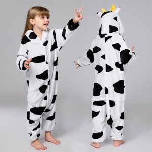 Kigurumi Pajamas |   Kid’s Kigurumi Pajamas Nightwear Camouflage Milk Cow Animal Animal Onesie Pajamas Pajamas Funny Costume Flannel Toison Cosplay For Boys and Girls Halloween Animal Sleepwear Cartoon Black | White Cosplay & Costumes Black / White