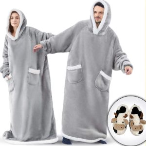 Kigurumi Pajamas |   Set with Adults’ Oversized Hoodie Blanket Cute Cartoon Novelty Slippers Wearable Blanket With Pocket Solid Color Onesie Pajamas Flannel Cosplay For Men and Women Homewear Gray Cosplay & Costumes Gray