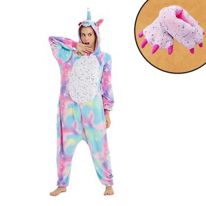 Kigurumi Pajamas |   Set with Flannel Onesie Kigurumi Pajamas Claw Slippers 2 PCS Set Nightwear Camouflage Rabbit Bunny Unicorn Animal Adults Unisex  Cozy Homewear Purple Cosplay & Costumes Kigurumi Pajamas