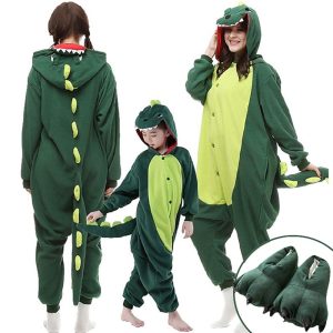 Kigurumi Pajamas |   Set with Flannel Onesie Kigurumi Pajamas Cute Matching Claw Slippers Kid’s Adults’ Dinosaur Funny Pajamas Cosplay Costume For Unisex Christmas Animal Sleepwear Cartoon Homewear Dark Green Cosplay & Costumes Dark Green