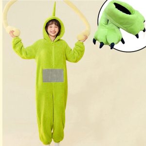 Kigurumi Pajamas |   Set with Onesie Kigurumi Pajamas Plush Claw Slippers 2 PCS Set Alien Teletubbies Flannel Cosplay Costume Nightwear Camouflage Cute Blue Monster Cartoon Animal Adults Unisex  Cozy Homewear Green Cosplay & Costumes Green