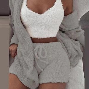 Kigurumi Pajamas |   Warm Fuzzy Pajama Set 3PCS Long Sleeve Hooded Robe & Tank Top & Drawstring Shorts Women’s Sleepwear & Loungewear Grey Cosplay & Costumes Grey